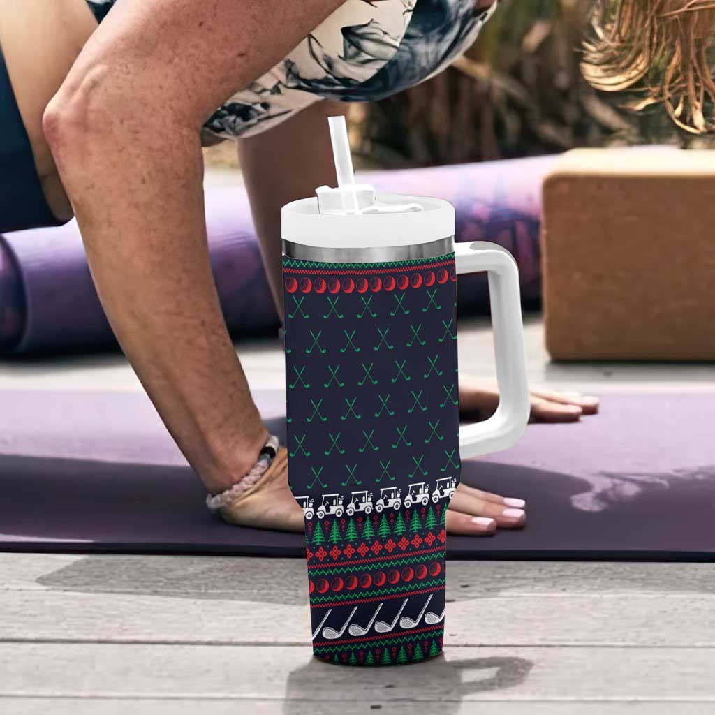 Santa Hole in One Christmas Tumbler With Handle with Golf Clubs and Festive Pattern - Wonder Print Shop