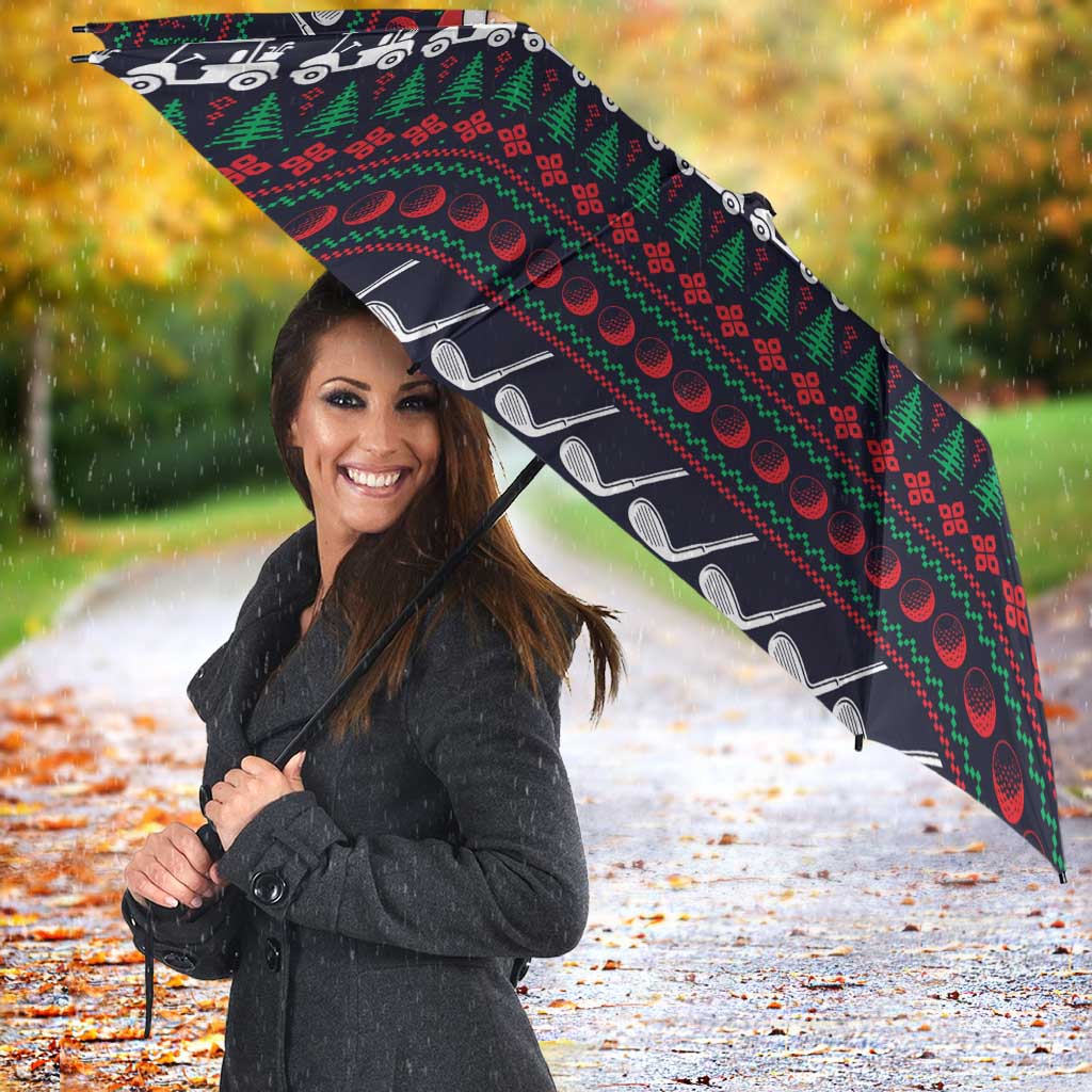 Santa Hole in One Christmas Umbrella with Golf Clubs and Festive Pattern - Wonder Print Shop