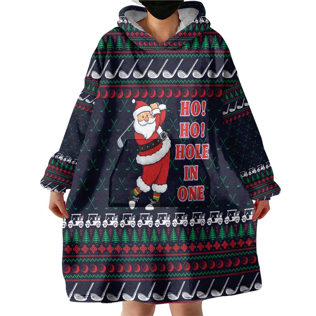 Santa Hole in One Christmas Wearable Blanket Hoodie with Golf Clubs and Festive Pattern - Wonder Print Shop