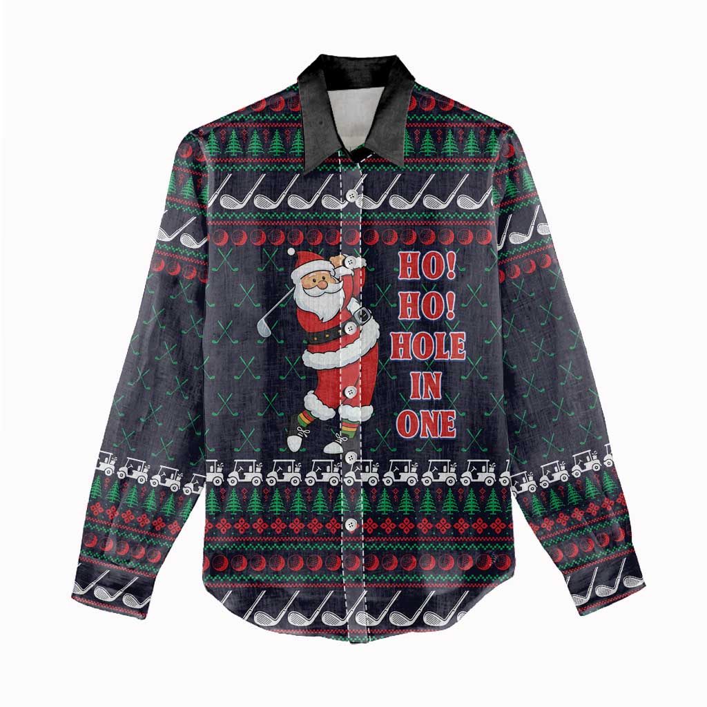 Santa Hole in One Christmas Women Casual Shirt with Golf Clubs and Festive Pattern - Wonder Print Shop