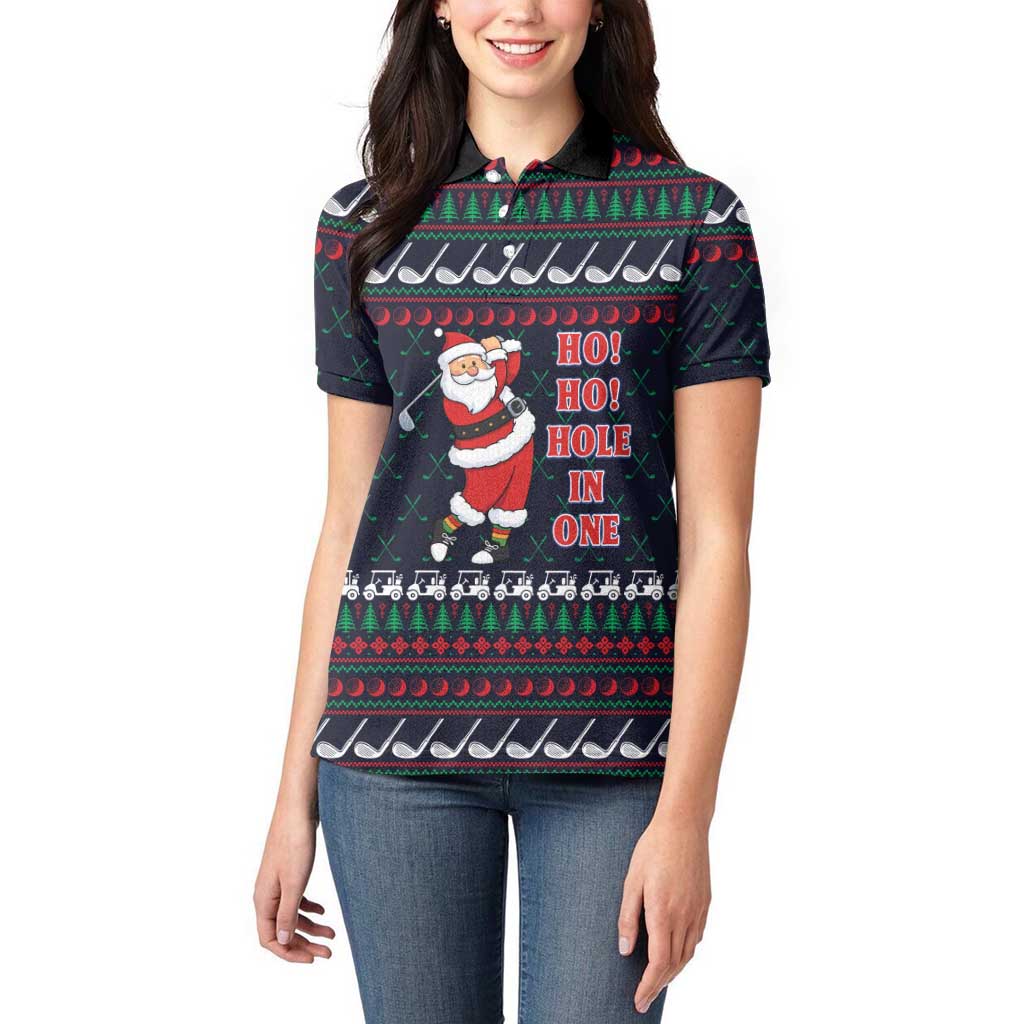 Santa Hole in One Christmas Women Polo Shirt with Golf Clubs and Festive Pattern - Wonder Print Shop