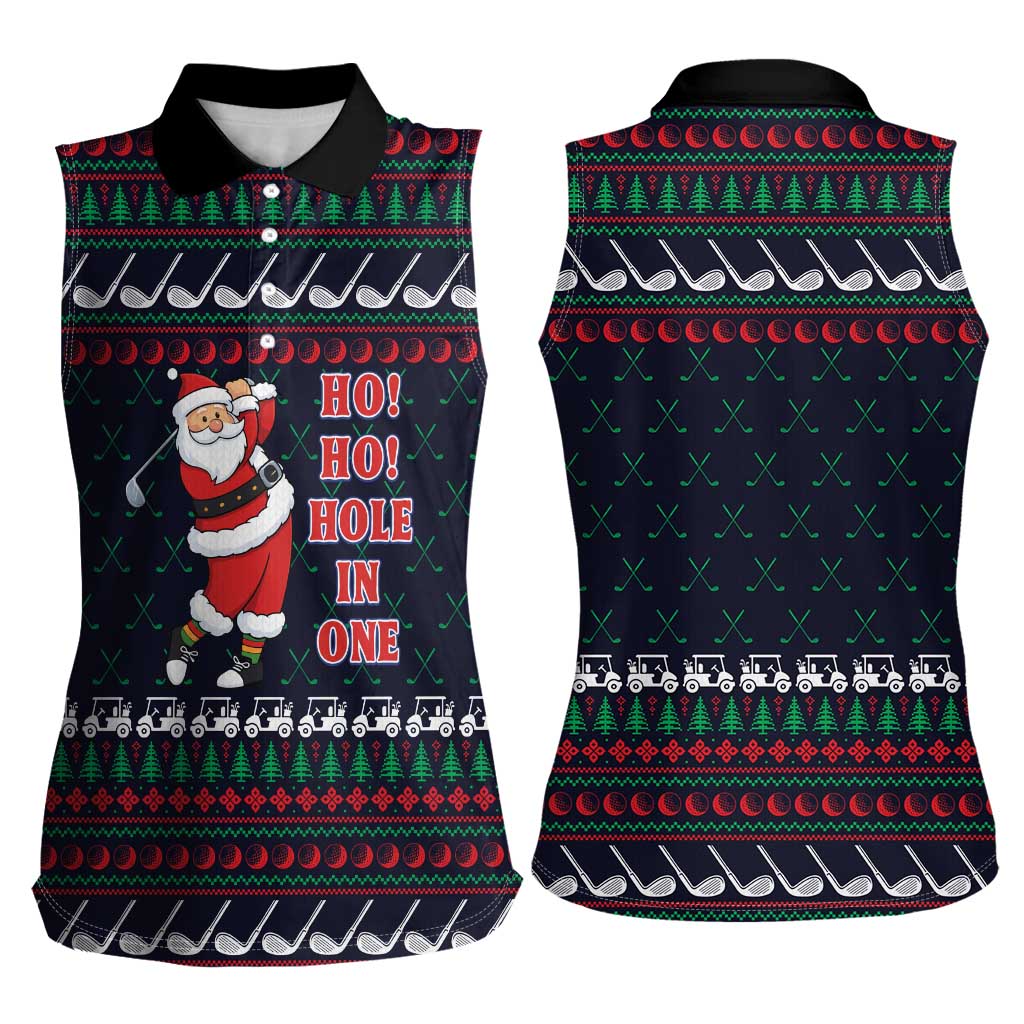 Santa Hole in One Christmas Women Sleeveless Polo Shirt with Golf Clubs and Festive Pattern - Wonder Print Shop