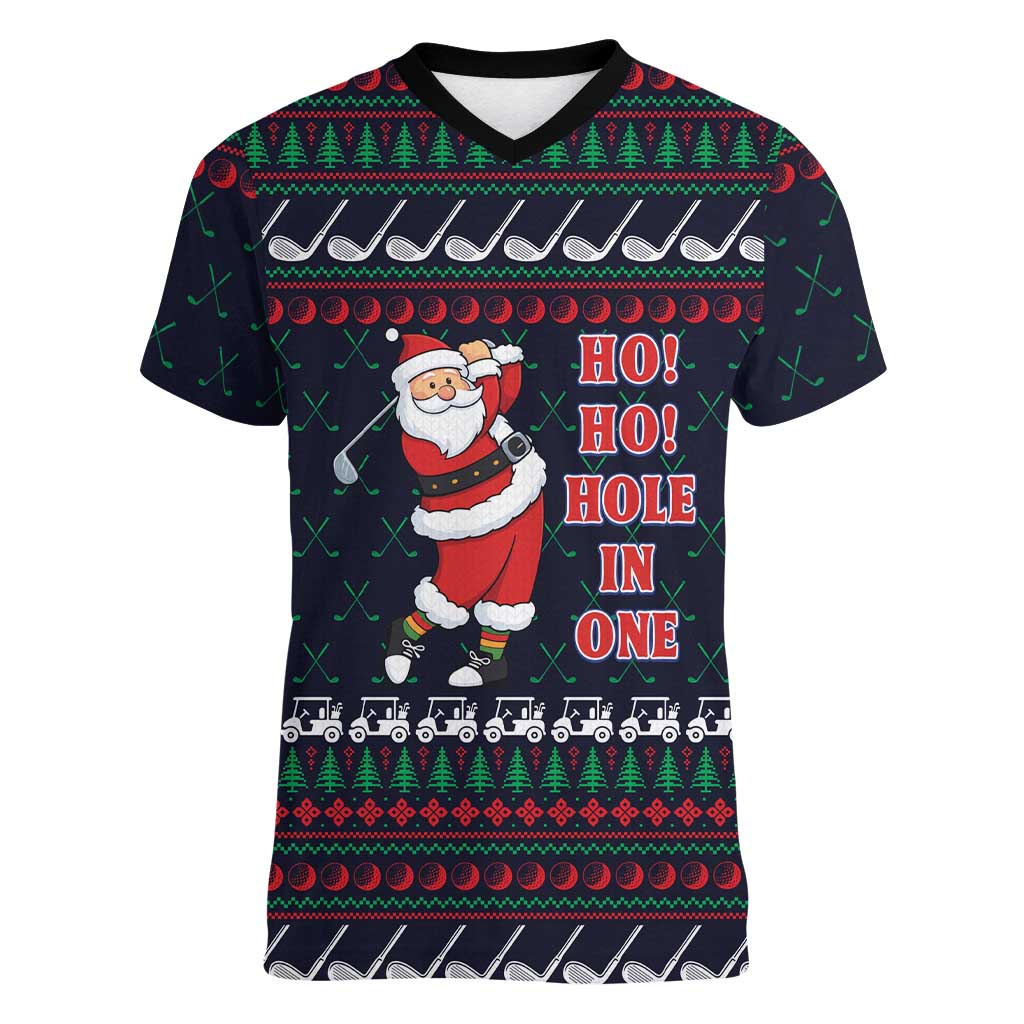 Santa Hole in One Christmas Women V-Neck T-Shirt with Golf Clubs and Festive Pattern - Wonder Print Shop