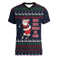 Santa Hole in One Christmas Women V-Neck T-Shirt with Golf Clubs and Festive Pattern - Wonder Print Shop