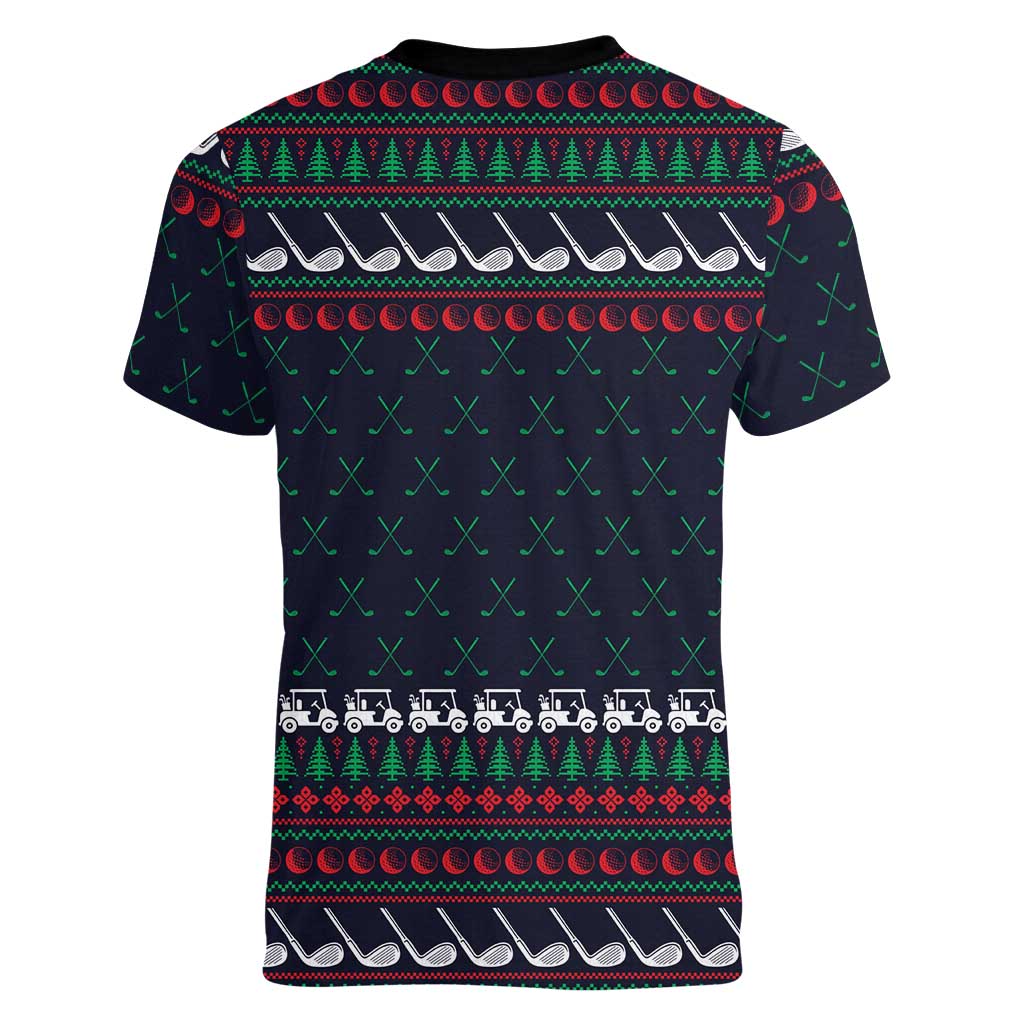 Santa Hole in One Christmas Women V-Neck T-Shirt with Golf Clubs and Festive Pattern - Wonder Print Shop