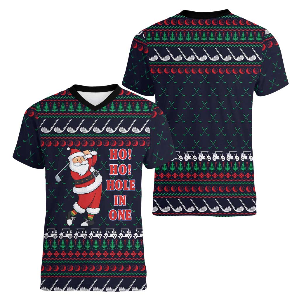 Santa Hole in One Christmas Women V-Neck T-Shirt with Golf Clubs and Festive Pattern - Wonder Print Shop