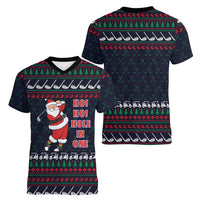 Santa Hole in One Christmas Women V-Neck T-Shirt with Golf Clubs and Festive Pattern - Wonder Print Shop