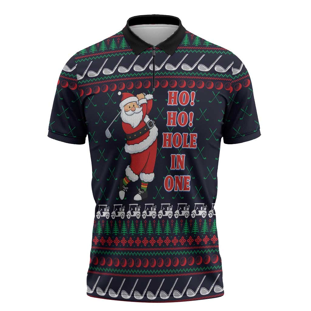 Santa Hole in One Christmas Zipper Polo Shirt with Golf Clubs and Festive Pattern - Wonder Print Shop