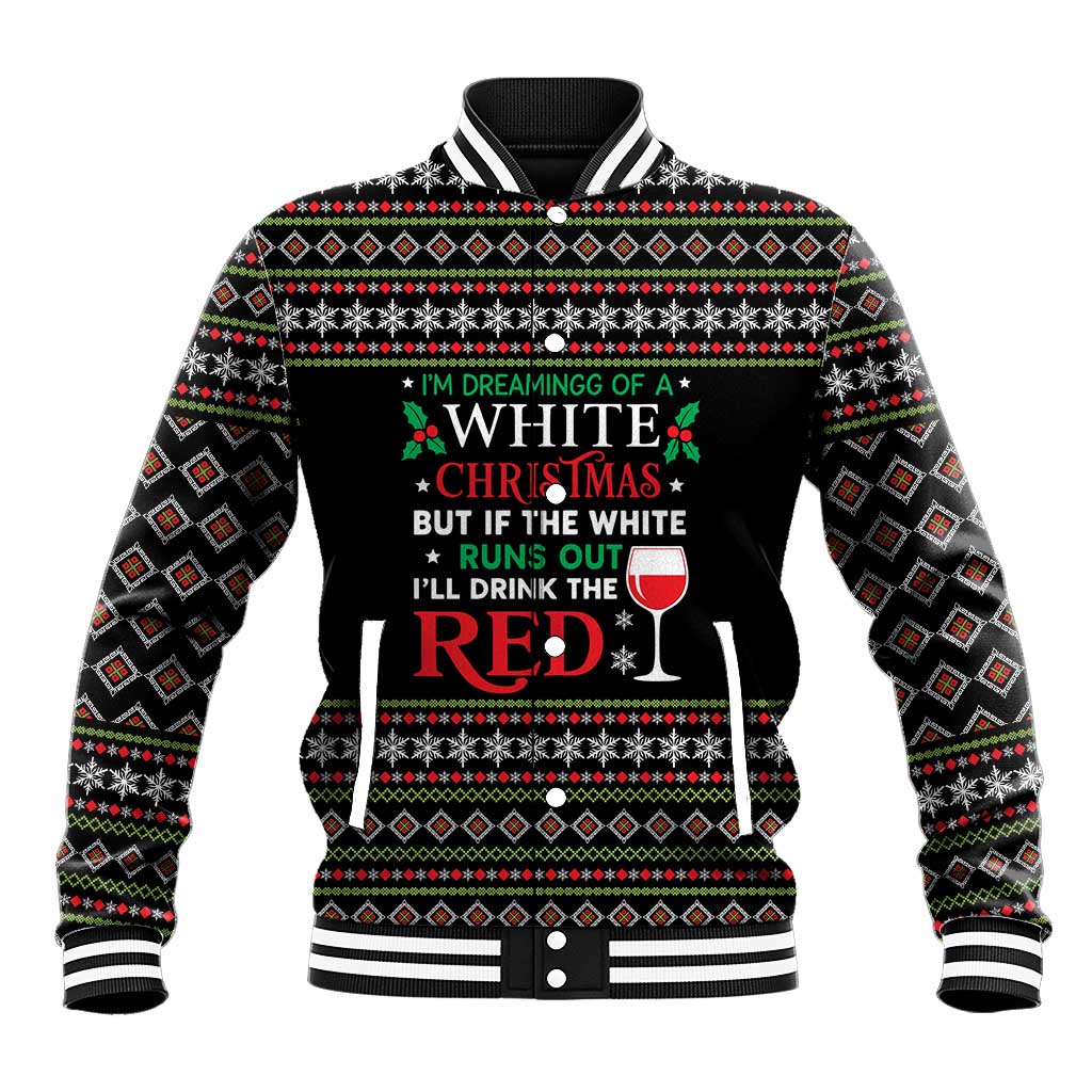 White and Red Christmas Wine Baseball Jacket with Festive Pattern and Holiday Cheer - Wonder Print Shop