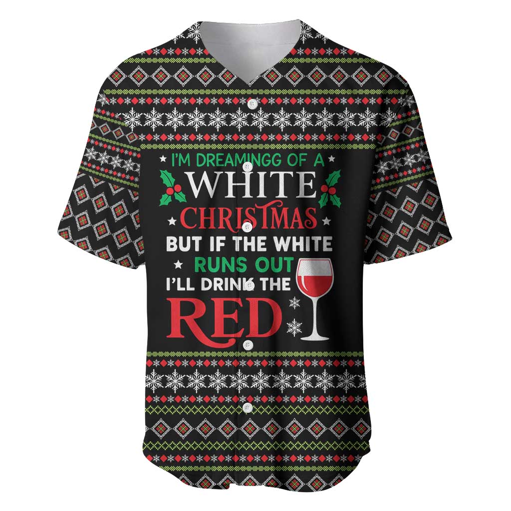 White and Red Christmas Wine Baseball Jersey with Festive Pattern and Holiday Cheer - Wonder Print Shop