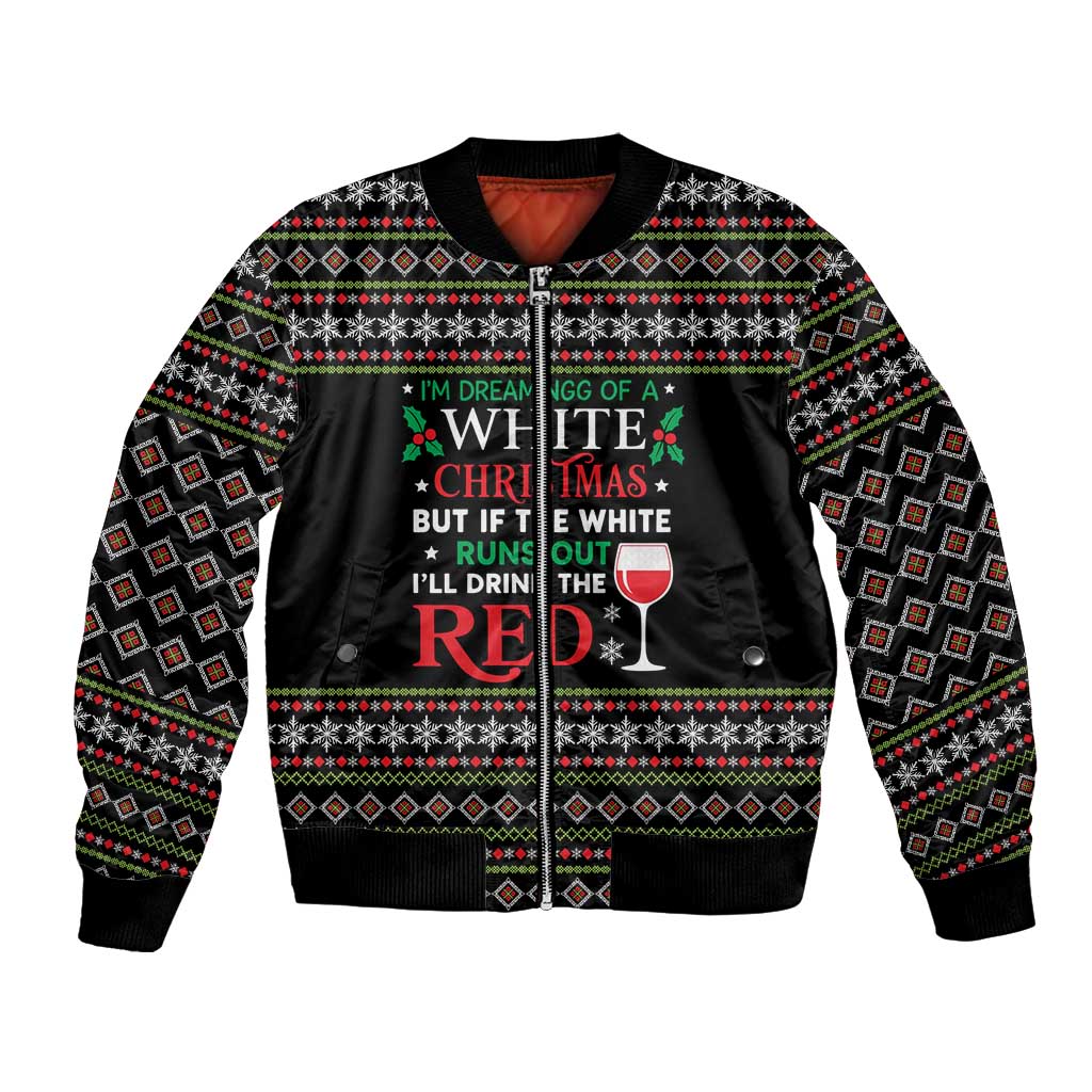 White and Red Christmas Wine Bomber Jacket with Festive Pattern and Holiday Cheer - Wonder Print Shop