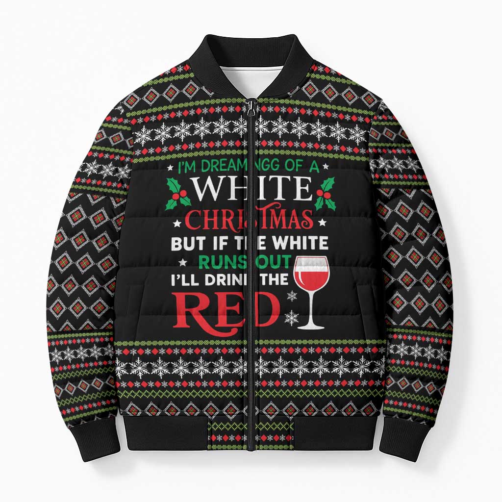 White and Red Christmas Wine Bomber Puffer Jacket with Festive Pattern and Holiday Cheer - Wonder Print Shop