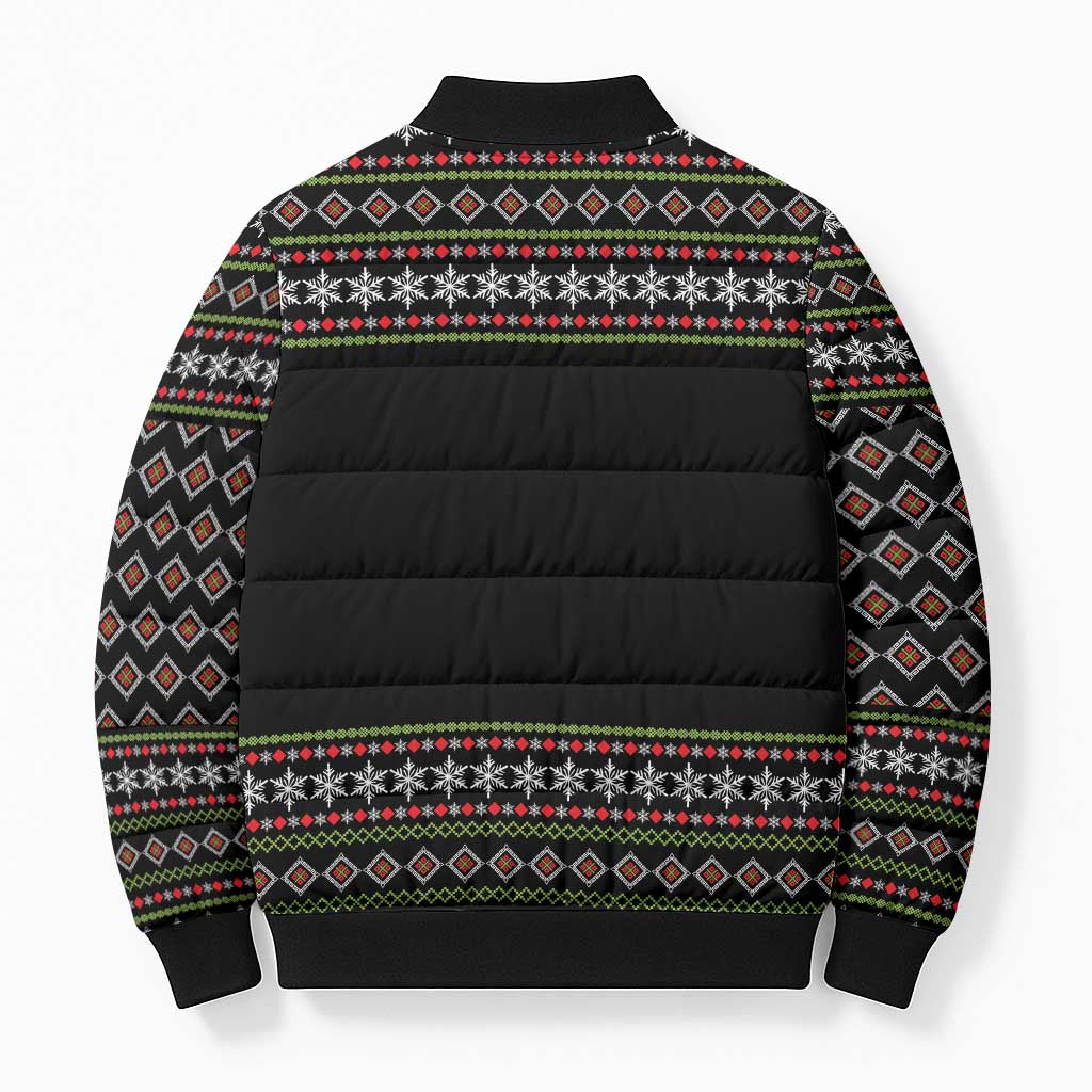 White and Red Christmas Wine Bomber Puffer Jacket with Festive Pattern and Holiday Cheer - Wonder Print Shop