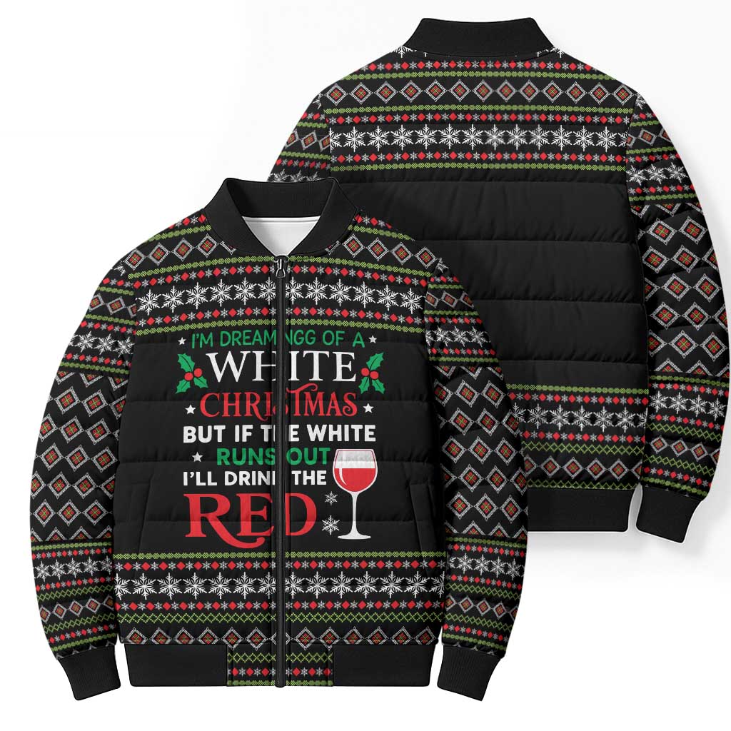 White and Red Christmas Wine Bomber Puffer Jacket with Festive Pattern and Holiday Cheer - Wonder Print Shop