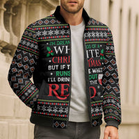 White and Red Christmas Wine Bomber Puffer Jacket with Festive Pattern and Holiday Cheer - Wonder Print Shop
