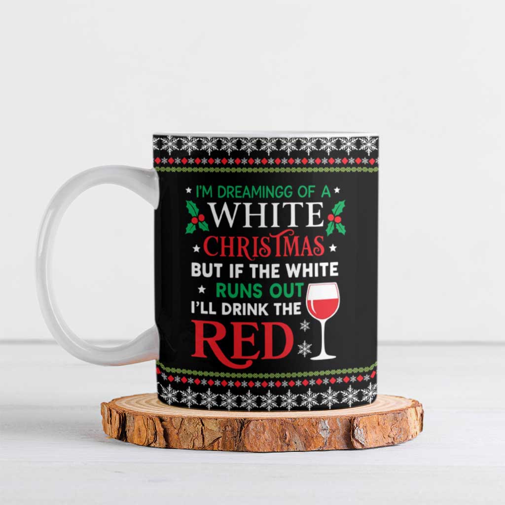 White and Red Christmas Wine Ceramic Mug with Festive Pattern and Holiday Cheer - Wonder Print Shop