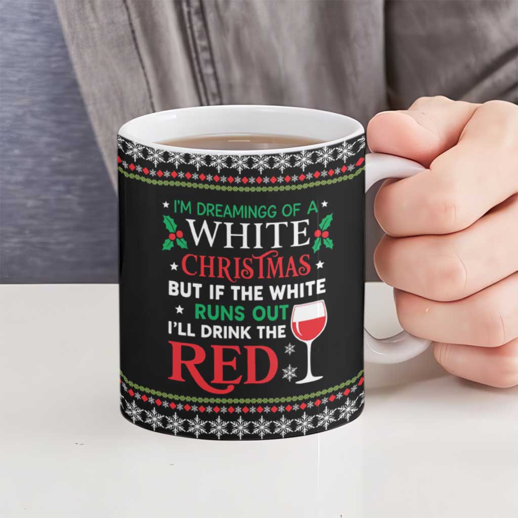 White and Red Christmas Wine Ceramic Mug with Festive Pattern and Holiday Cheer - Wonder Print Shop