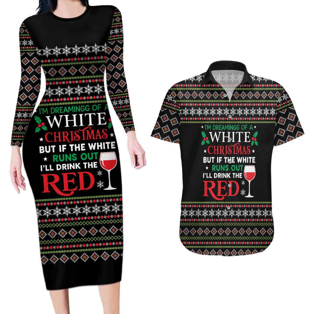 White and Red Christmas Wine Couples Matching Long Sleeve Bodycon Dress and Hawaiian Shirt with Festive Pattern and Holiday Cheer - Wonder Print Shop