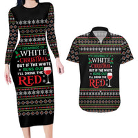 White and Red Christmas Wine Couples Matching Long Sleeve Bodycon Dress and Hawaiian Shirt with Festive Pattern and Holiday Cheer - Wonder Print Shop