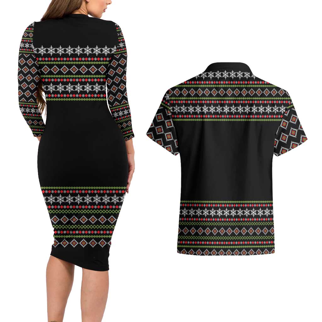 White and Red Christmas Wine Couples Matching Long Sleeve Bodycon Dress and Hawaiian Shirt with Festive Pattern and Holiday Cheer - Wonder Print Shop