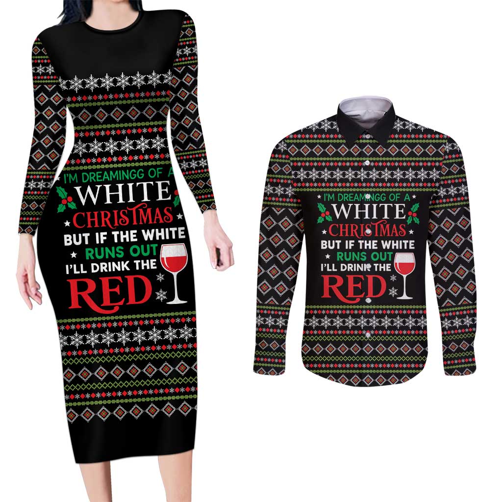 White and Red Christmas Wine Couples Matching Long Sleeve Bodycon Dress and Long Sleeve Button Shirt with Festive Pattern and Holiday Cheer - Wonder Print Shop