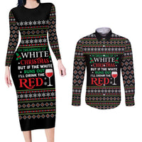 White and Red Christmas Wine Couples Matching Long Sleeve Bodycon Dress and Long Sleeve Button Shirt with Festive Pattern and Holiday Cheer - Wonder Print Shop