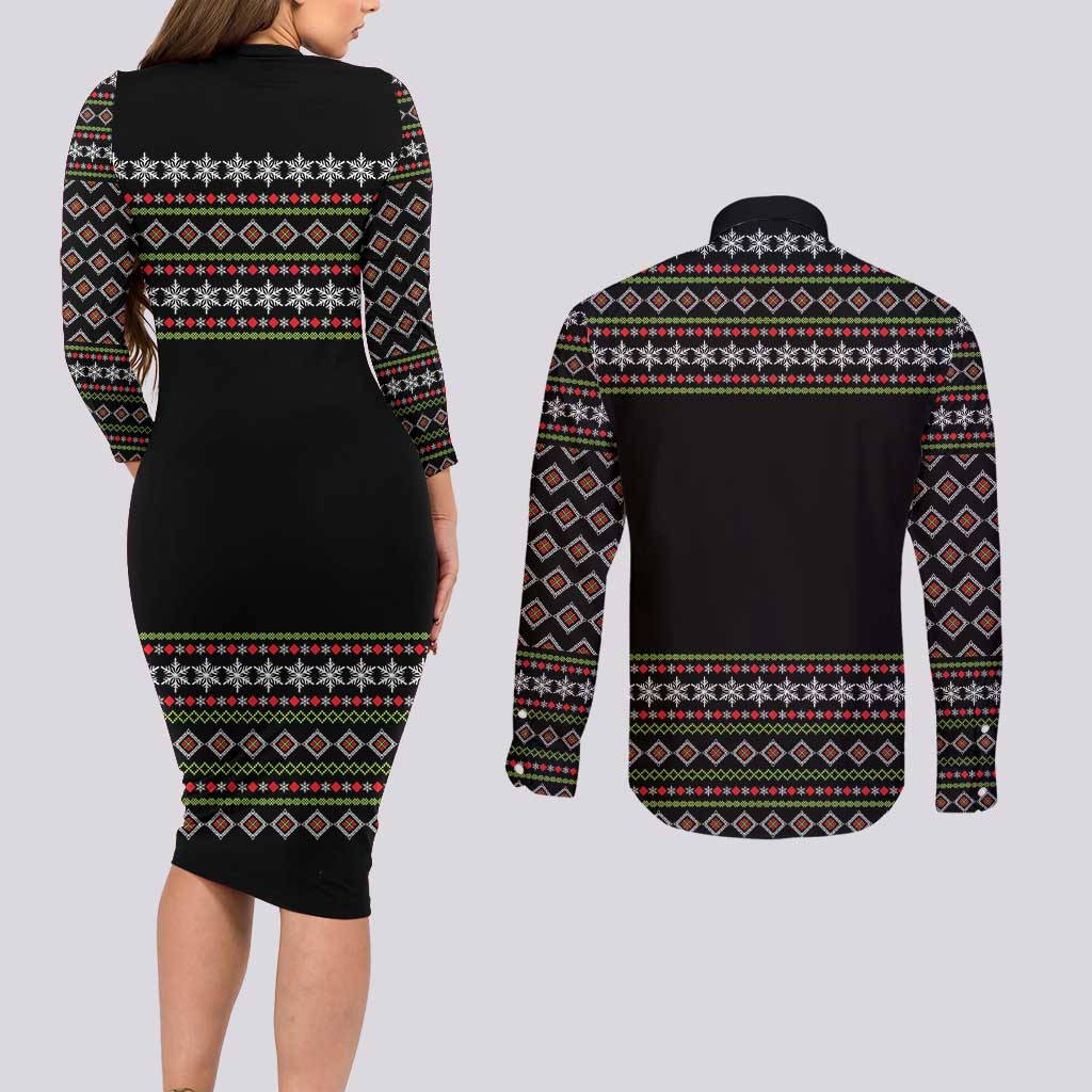 White and Red Christmas Wine Couples Matching Long Sleeve Bodycon Dress and Long Sleeve Button Shirt with Festive Pattern and Holiday Cheer - Wonder Print Shop