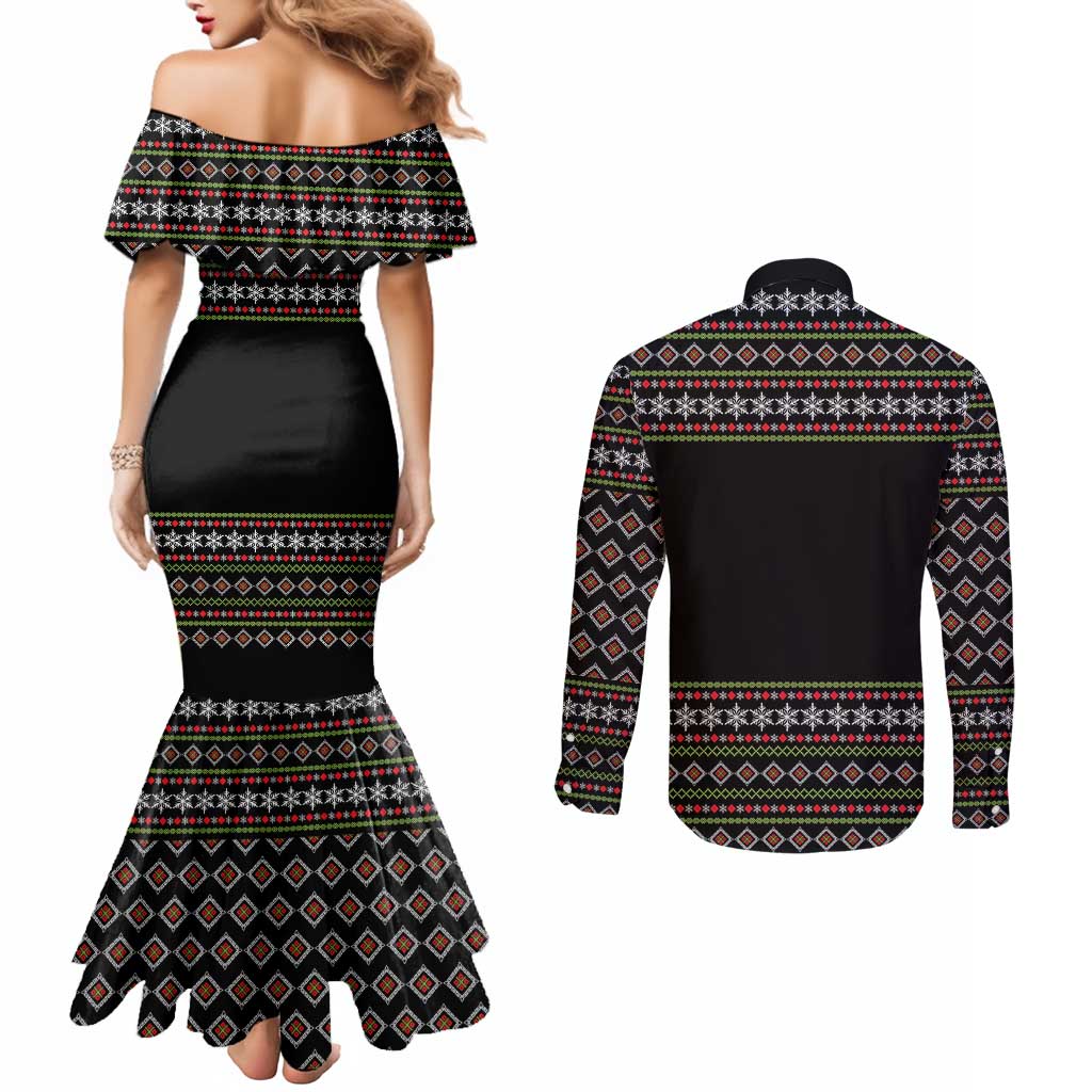White and Red Christmas Wine Couples Matching Mermaid Dress and Long Sleeve Button Shirt with Festive Pattern and Holiday Cheer - Wonder Print Shop