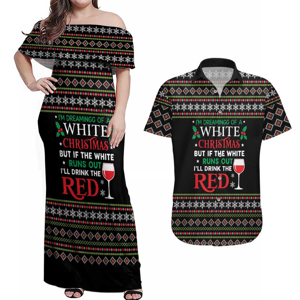 White and Red Christmas Wine Couples Matching Off Shoulder Maxi Dress and Hawaiian Shirt with Festive Pattern and Holiday Cheer - Wonder Print Shop