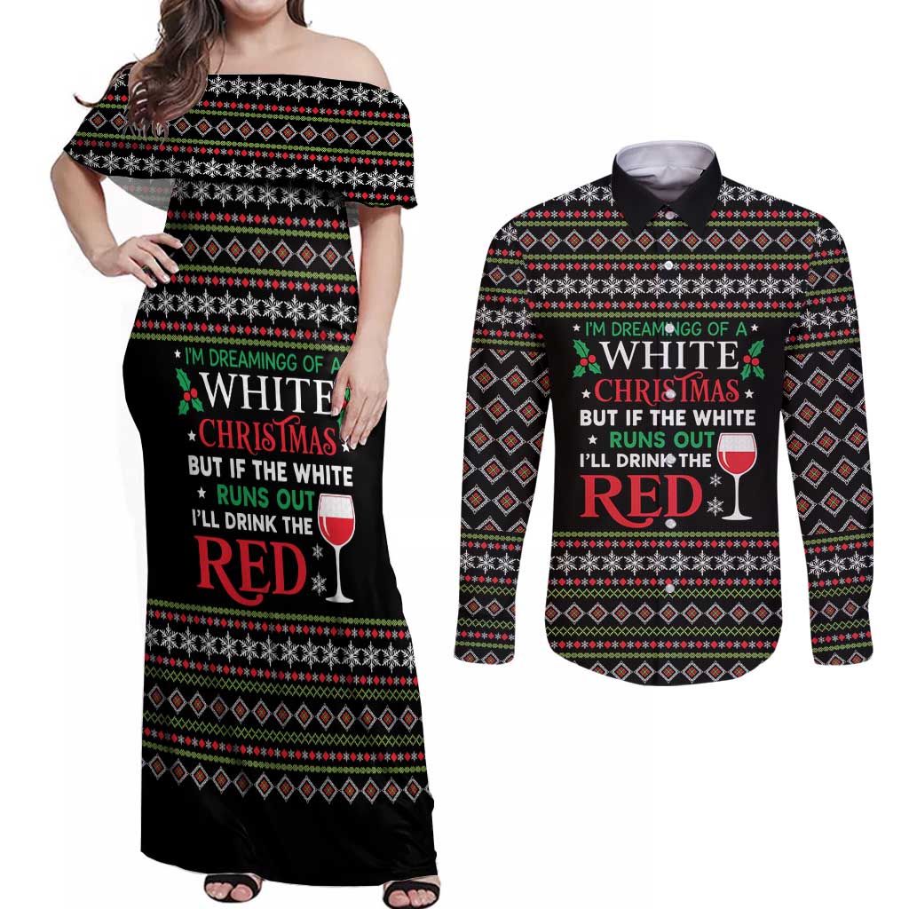 White and Red Christmas Wine Couples Matching Off Shoulder Maxi Dress and Long Sleeve Button Shirt with Festive Pattern and Holiday Cheer - Wonder Print Shop