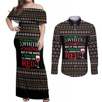 White and Red Christmas Wine Couples Matching Off Shoulder Maxi Dress and Long Sleeve Button Shirt with Festive Pattern and Holiday Cheer - Wonder Print Shop