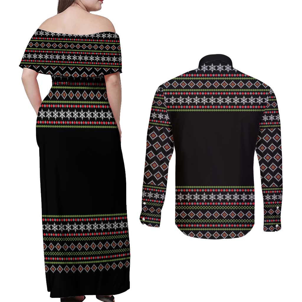 White and Red Christmas Wine Couples Matching Off Shoulder Maxi Dress and Long Sleeve Button Shirt with Festive Pattern and Holiday Cheer - Wonder Print Shop