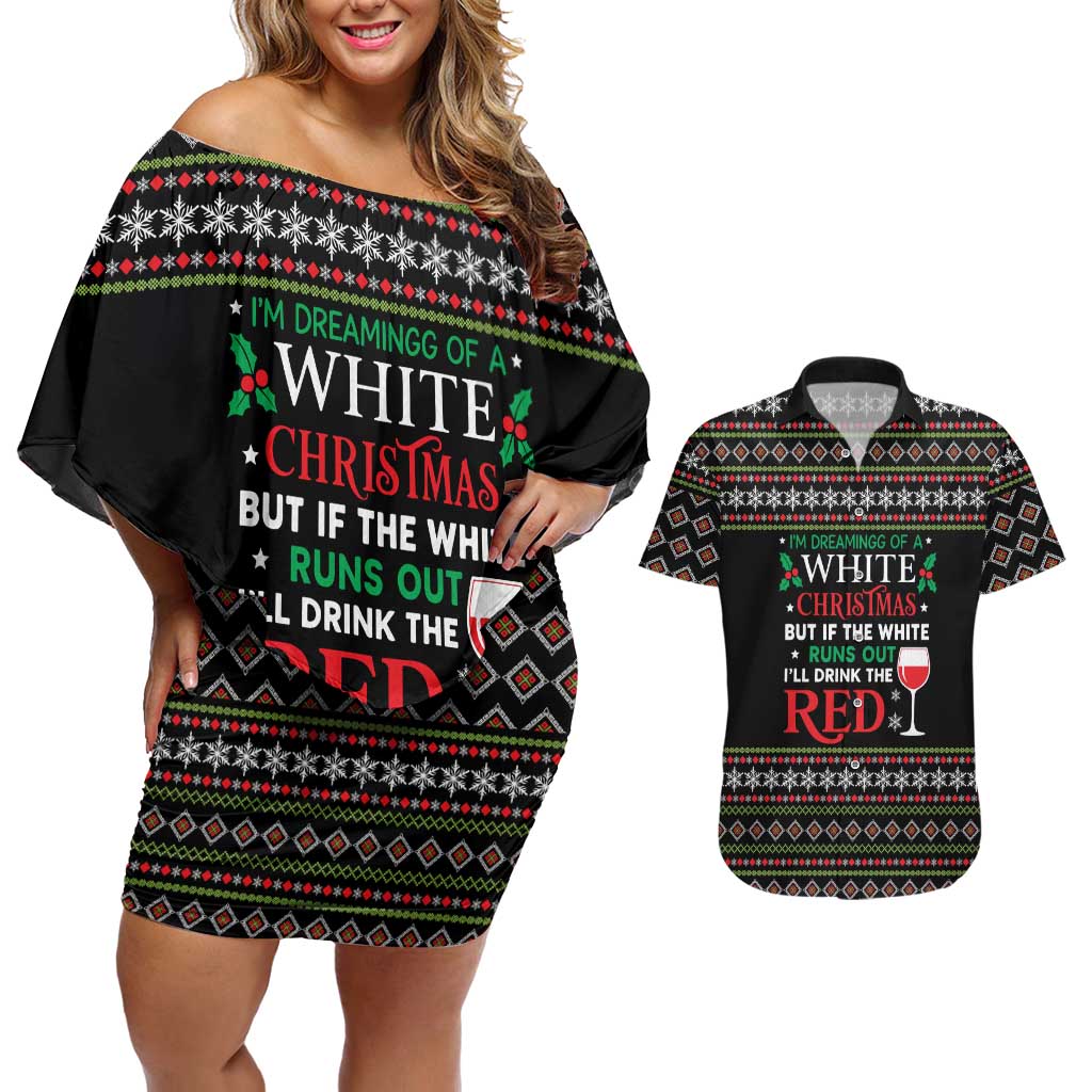 White and Red Christmas Wine Couples Matching Off Shoulder Short Dress and Hawaiian Shirt with Festive Pattern and Holiday Cheer - Wonder Print Shop