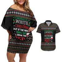White and Red Christmas Wine Couples Matching Off Shoulder Short Dress and Hawaiian Shirt with Festive Pattern and Holiday Cheer - Wonder Print Shop