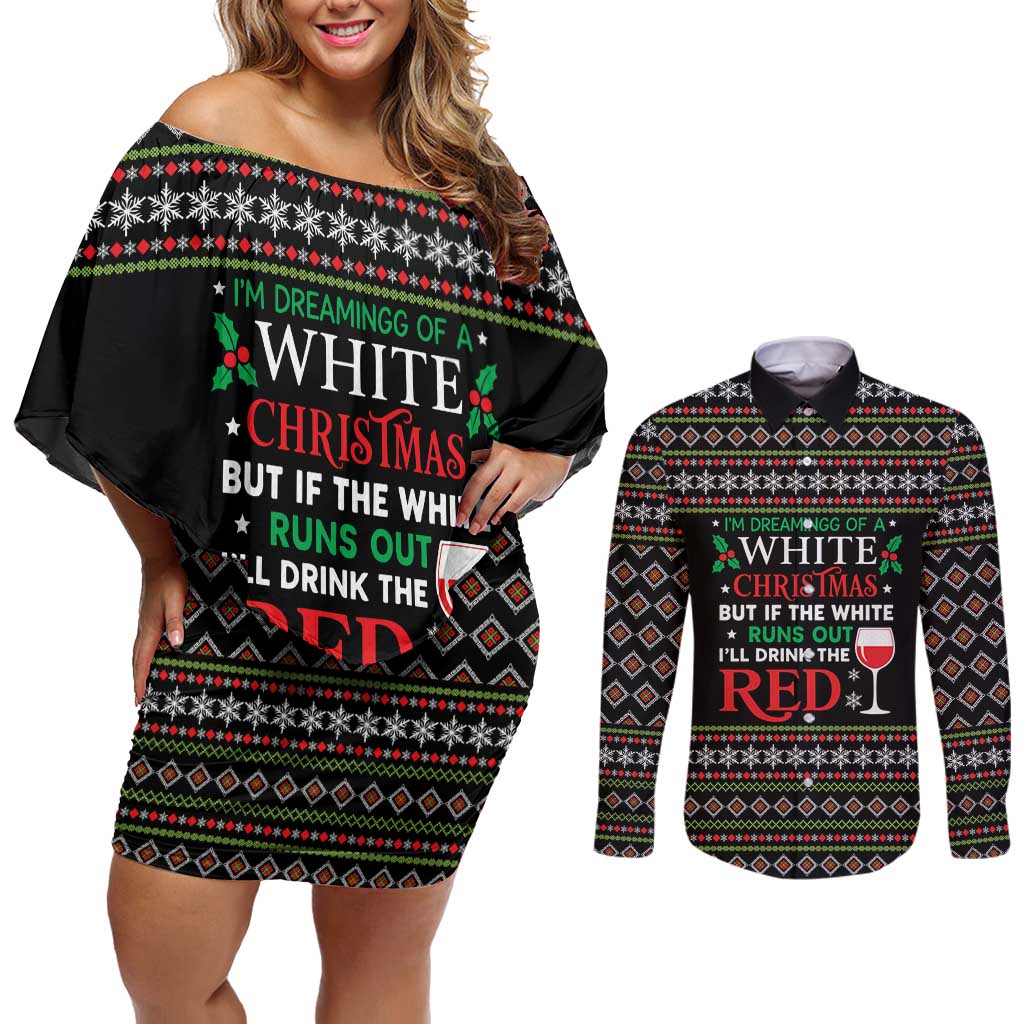 White and Red Christmas Wine Couples Matching Off Shoulder Short Dress and Long Sleeve Button Shirt with Festive Pattern and Holiday Cheer - Wonder Print Shop