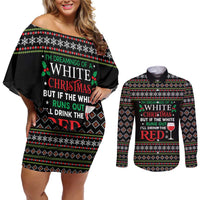 White and Red Christmas Wine Couples Matching Off Shoulder Short Dress and Long Sleeve Button Shirt with Festive Pattern and Holiday Cheer - Wonder Print Shop