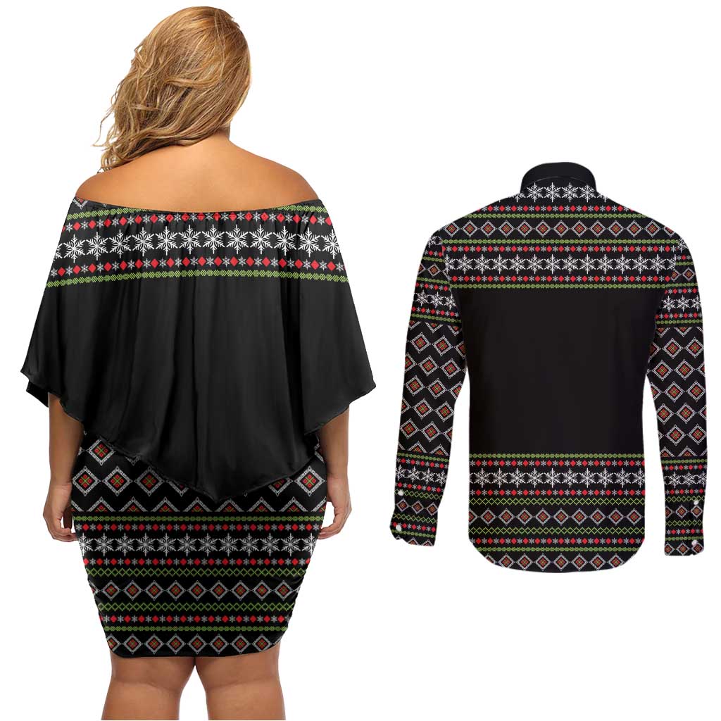 White and Red Christmas Wine Couples Matching Off Shoulder Short Dress and Long Sleeve Button Shirt with Festive Pattern and Holiday Cheer - Wonder Print Shop