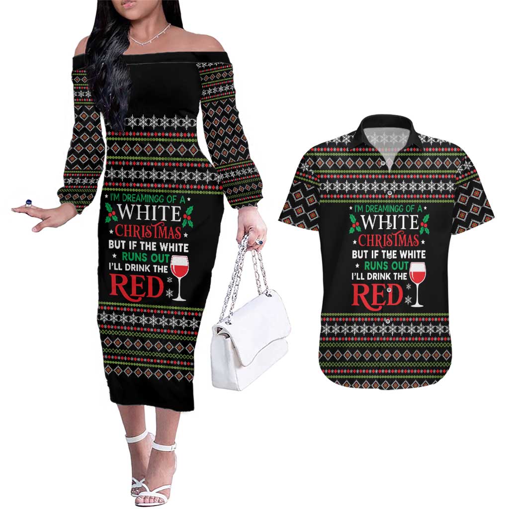 White and Red Christmas Wine Couples Matching Off The Shoulder Long Sleeve Dress and Hawaiian Shirt with Festive Pattern and Holiday Cheer - Wonder Print Shop