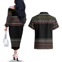 White and Red Christmas Wine Couples Matching Off The Shoulder Long Sleeve Dress and Hawaiian Shirt with Festive Pattern and Holiday Cheer - Wonder Print Shop