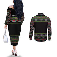 White and Red Christmas Wine Couples Matching Off The Shoulder Long Sleeve Dress and Long Sleeve Button Shirt with Festive Pattern and Holiday Cheer - Wonder Print Shop