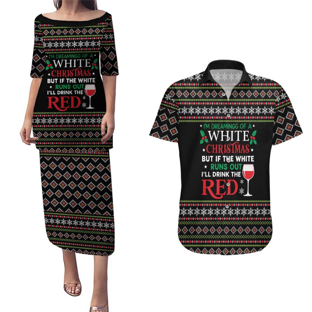White and Red Christmas Wine Couples Matching Puletasi and Hawaiian Shirt with Festive Pattern and Holiday Cheer - Wonder Print Shop