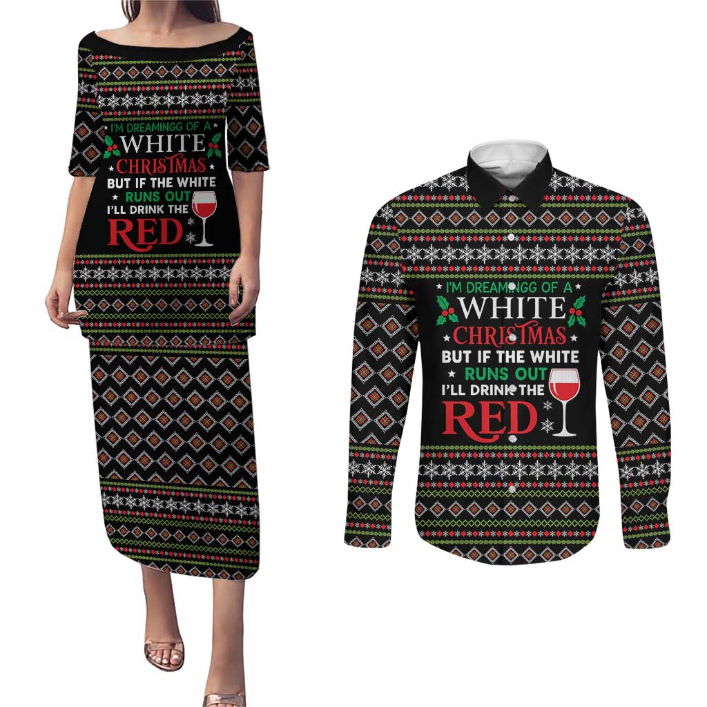 White and Red Christmas Wine Couples Matching Puletasi and Long Sleeve Button Shirt with Festive Pattern and Holiday Cheer - Wonder Print Shop