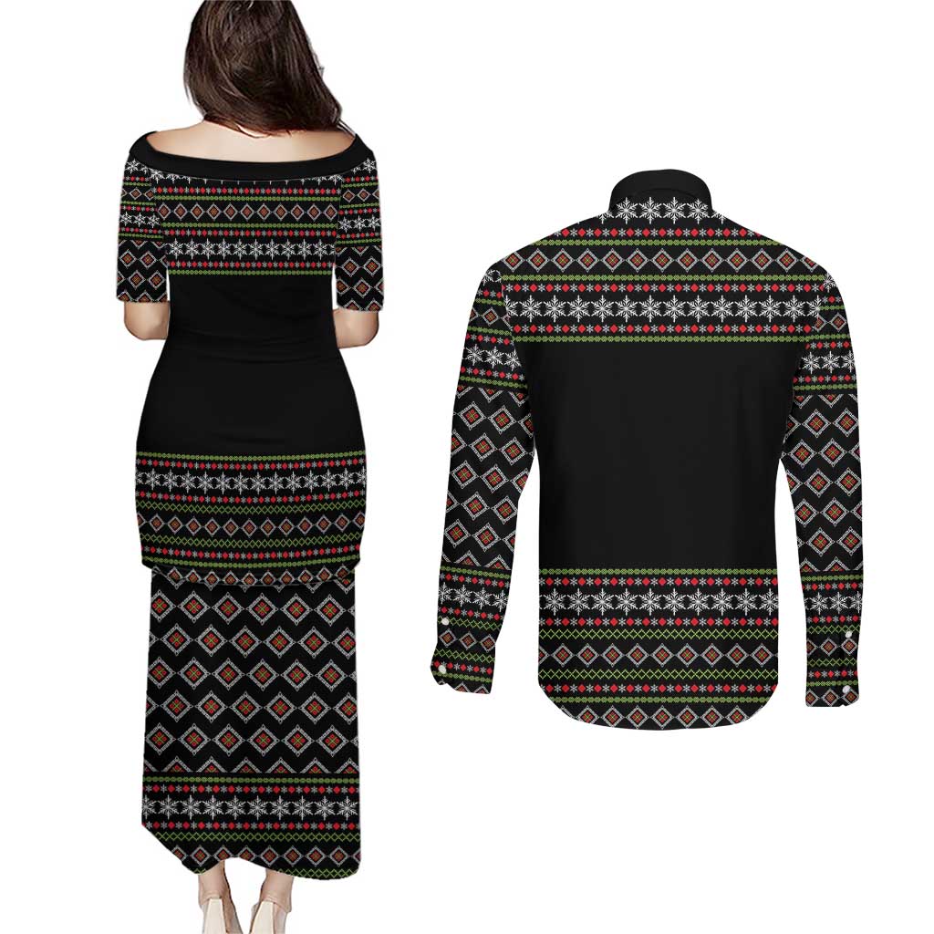 White and Red Christmas Wine Couples Matching Puletasi and Long Sleeve Button Shirt with Festive Pattern and Holiday Cheer - Wonder Print Shop