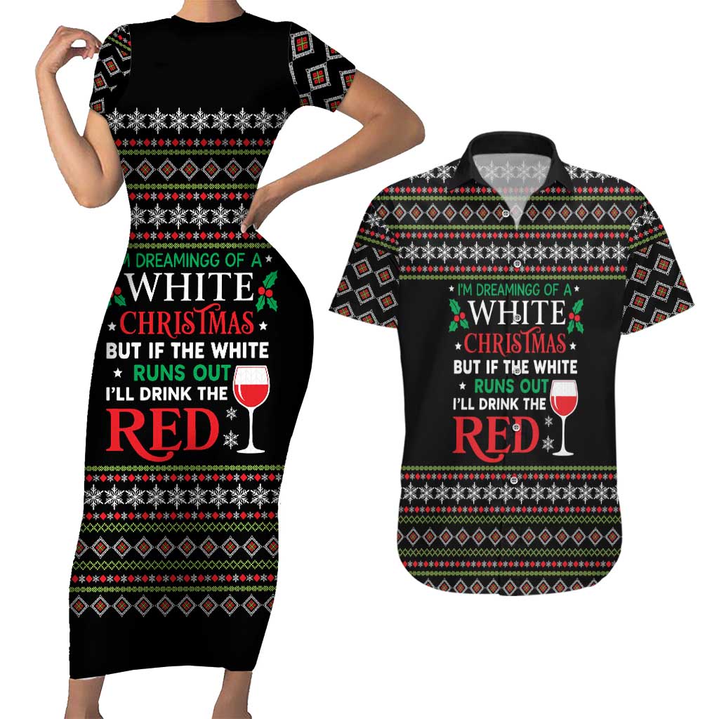 White and Red Christmas Wine Couples Matching Short Sleeve Bodycon Dress and Hawaiian Shirt with Festive Pattern and Holiday Cheer - Wonder Print Shop