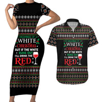 White and Red Christmas Wine Couples Matching Short Sleeve Bodycon Dress and Hawaiian Shirt with Festive Pattern and Holiday Cheer - Wonder Print Shop