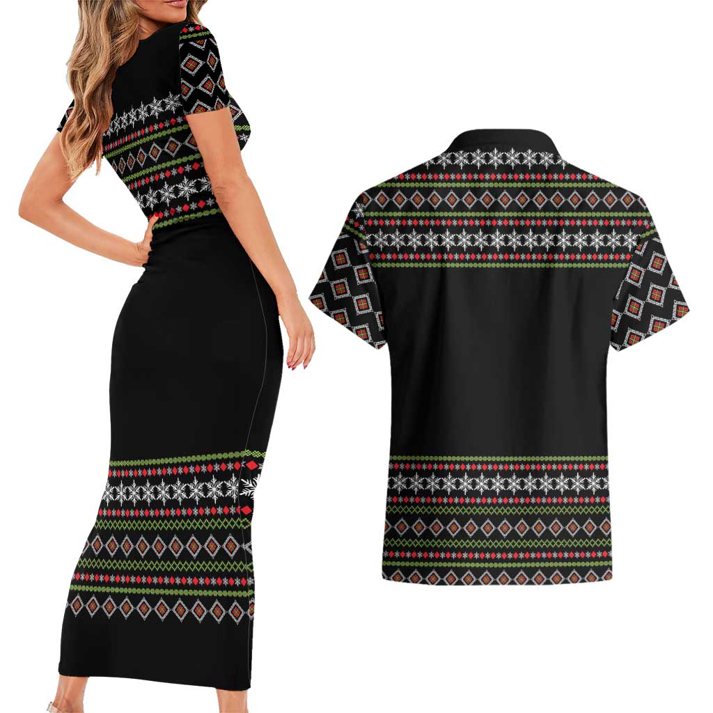 White and Red Christmas Wine Couples Matching Short Sleeve Bodycon Dress and Hawaiian Shirt with Festive Pattern and Holiday Cheer - Wonder Print Shop