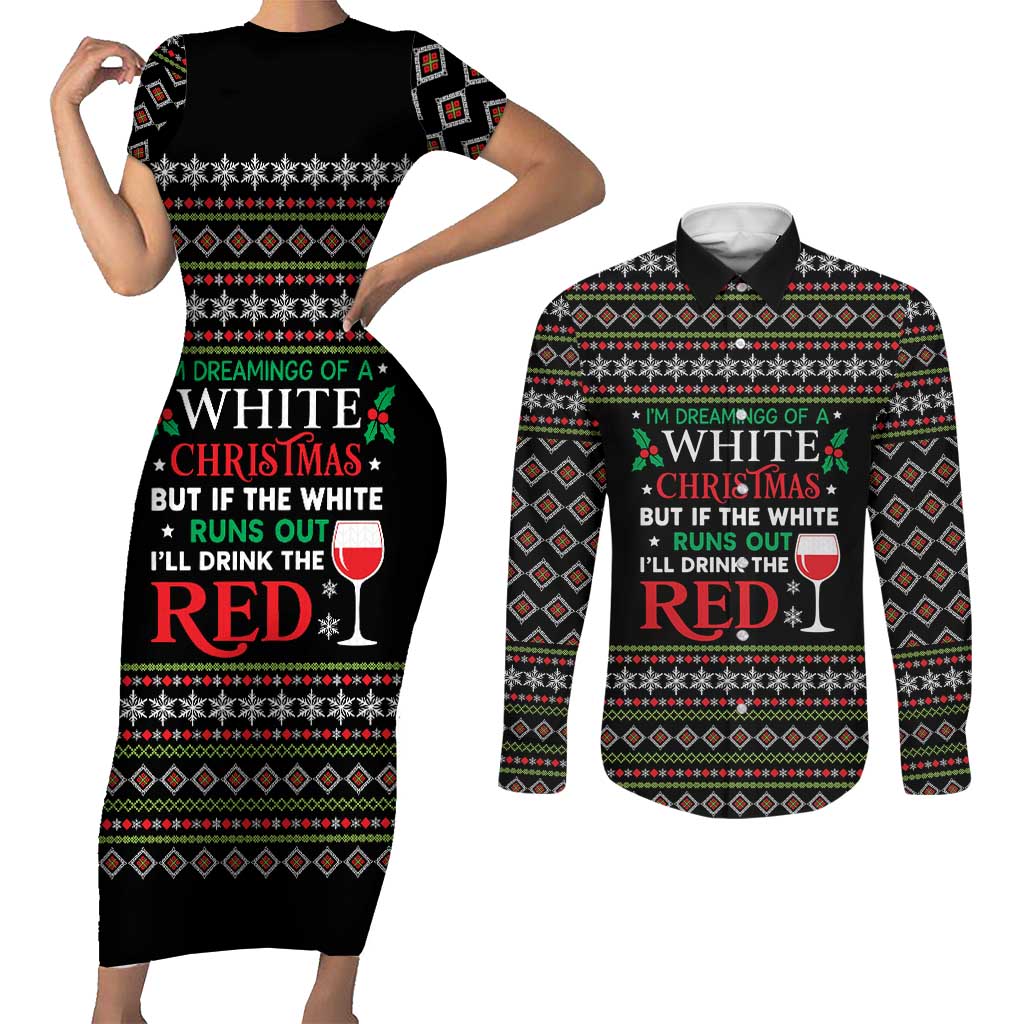 White and Red Christmas Wine Couples Matching Short Sleeve Bodycon Dress and Long Sleeve Button Shirt with Festive Pattern and Holiday Cheer - Wonder Print Shop