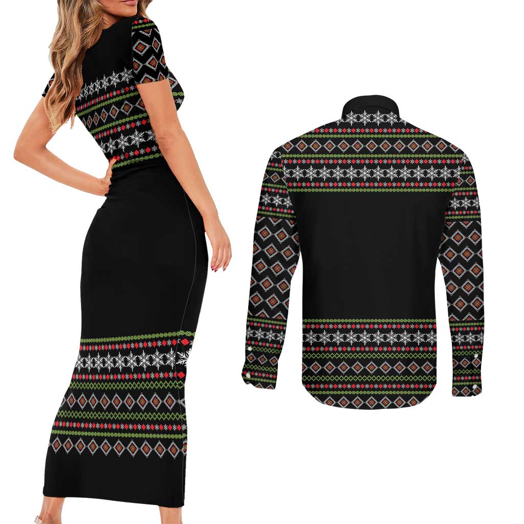 White and Red Christmas Wine Couples Matching Short Sleeve Bodycon Dress and Long Sleeve Button Shirt with Festive Pattern and Holiday Cheer - Wonder Print Shop