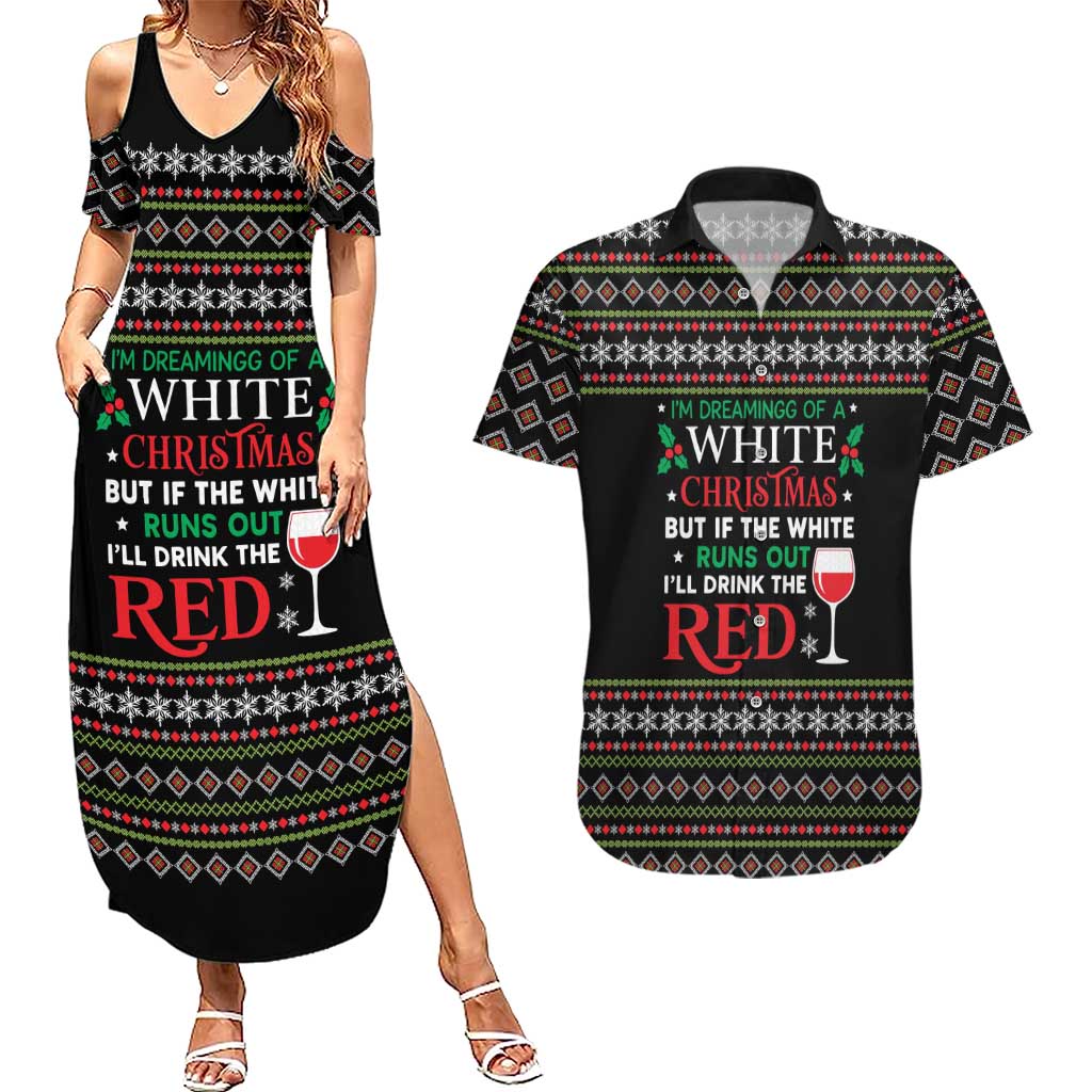 White and Red Christmas Wine Couples Matching Summer Maxi Dress and Hawaiian Shirt with Festive Pattern and Holiday Cheer - Wonder Print Shop