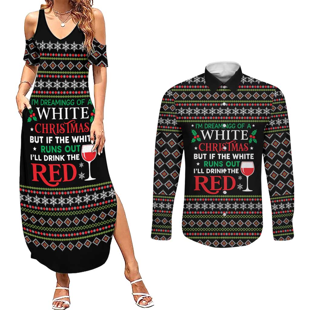 White and Red Christmas Wine Couples Matching Summer Maxi Dress and Long Sleeve Button Shirt with Festive Pattern and Holiday Cheer - Wonder Print Shop